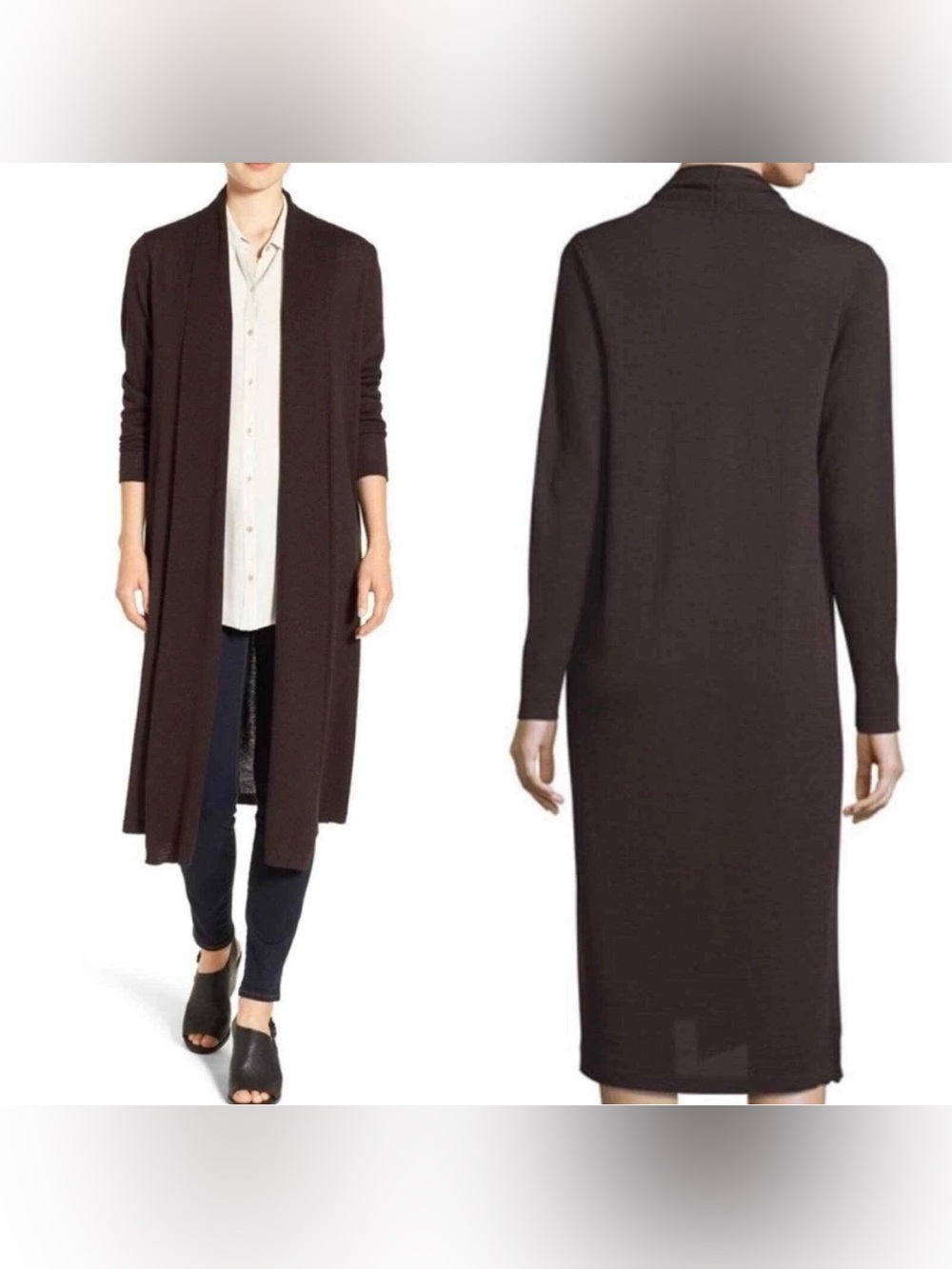 Eileen Fisher Long Open-Front Cardigan in Dark Brown 100% Wool